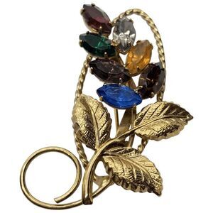Vintage Gold Tone Flower Brooch / Pin with Colorful Prong Set Rhinestones